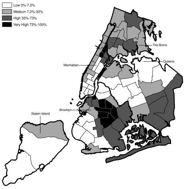 Distribution of Black Residents across NYPD Precincts (2000 Census Data).