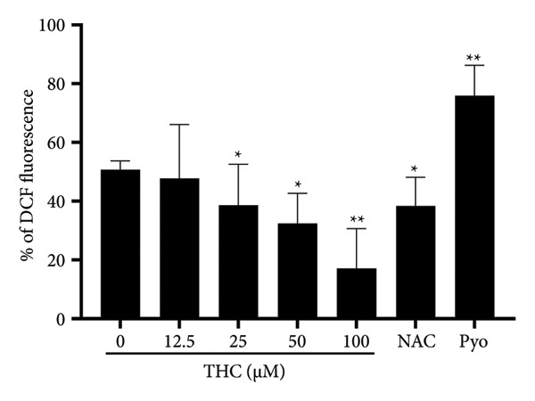 Effects of ROS inhibition by THC in A375 cells. Pyridine (Pyr) was used as a positive control, and all data were reported as the means (± SEM) of at least three separate experiments, and pyridine (Pyr) is a positive control. N‐acetyl‐l‐cysteine (NAC) was used as an ROS inhibitor and reported as the means (± SEM). A symbol (∗ or ∗∗) on the bars of each group indicates that the difference resulting from treatment with THC 0–100 μM is statistically significant at p < 0.05 or 0.01.
