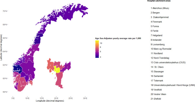 Geographic variation in substance use disorder, yearly average patient rates adjusted for age and sex in Norway for 2017–2021 in hospital catchment areas
