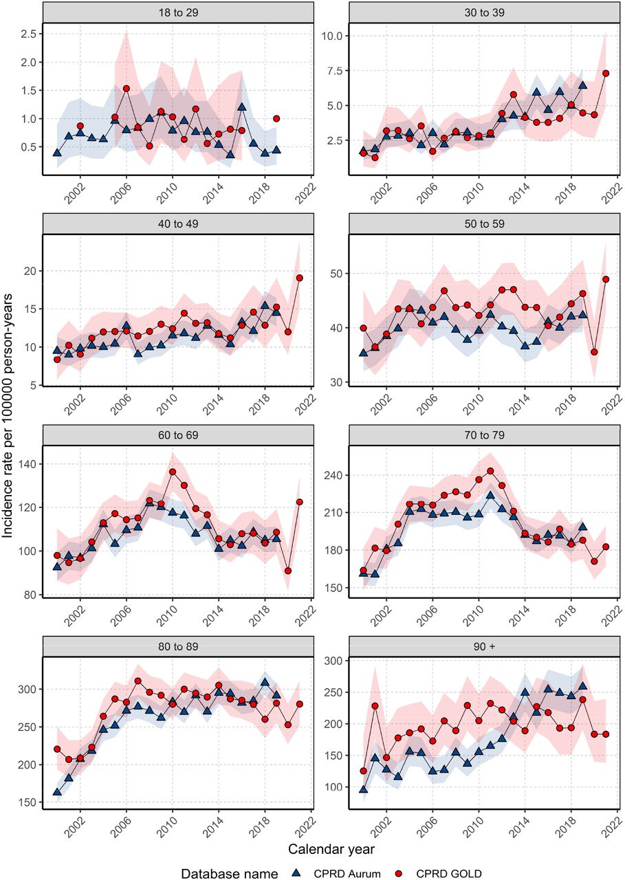 Annualised incidence rates from 2000 to 2021 stratified by database and age group.