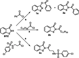 Synthesis of O‐acyl and N‐acyl benzisothiazolinone derivatives. Reagents and conditions: (a) ZnCl2, TEA, acetone, 0 °C, 30 min (10 min for 2b).