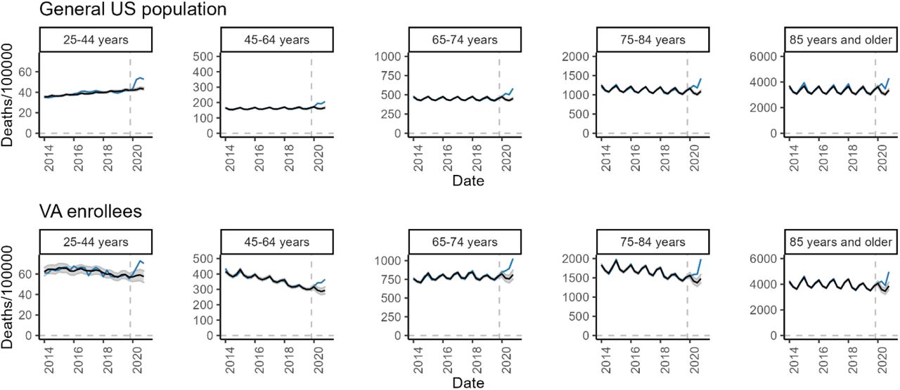 Observed and expected rates over time by age group among the general US population and among enrollees of the VA. The Black line with the shaded area indicates the fitted values (up through 2019) and predicted values (for 2020), while the colored lines show the observed incidence by quarter.
