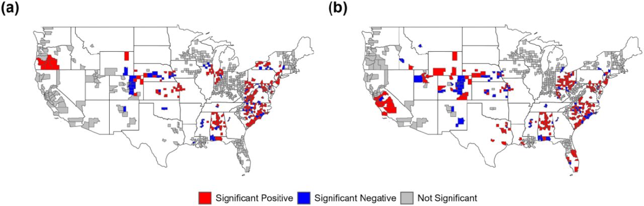 Spatial correlation of long COVID incidence across U.S. counties assessed using local Moran’s I: (a) before and (b) after Omicron dominance.