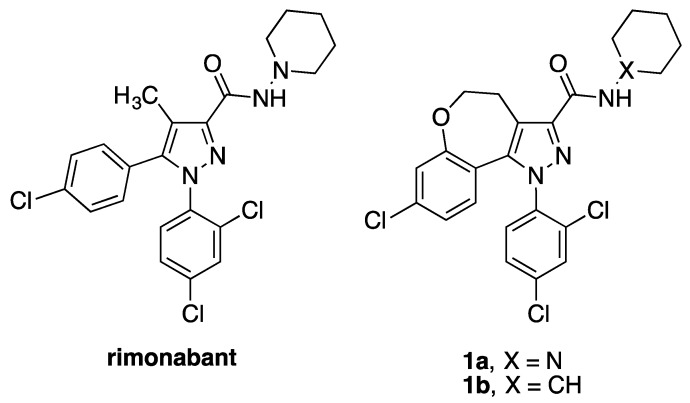Rimonabant and CB1 neutral antagonist 1a and its analogue 1b.