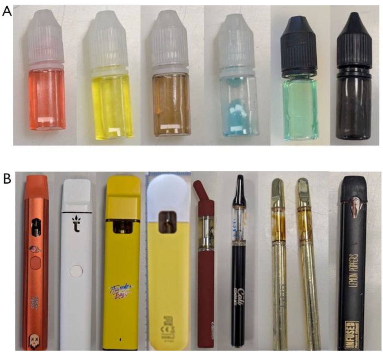 A and B, Examples of SC e-liquids (panel A) and THC e-cigarettes (panel B).
