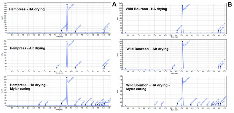 HPLC chromatography of the (A) Hempress cultivar and (B) Wild Bourbon cultivar hemp after HA drying, ambient air drying, and HA drying followed by curing in Mylar bag.