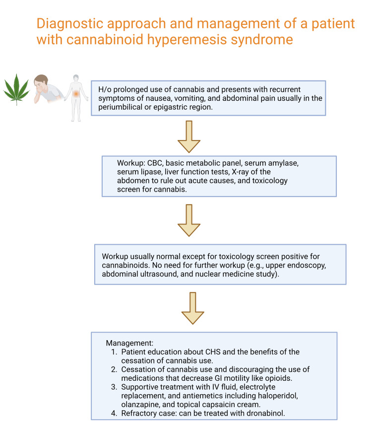 Diagnostic approach and management of cannabinoid hyperemesis syndromeFigure 1 is designed and drafted by the authors.CBC: complete blood count, CHS: cannabinoid hyperemesis syndrome, GI: gastrointestinal, IV: intravenous