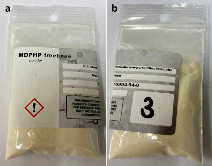 Pictures of the package with the yellowish powder labeled as ‘MDPHP freebase’: (a) front side, (b) back side