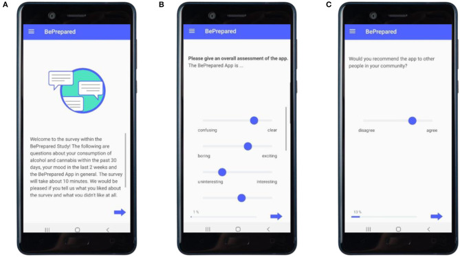 Implementation of the follow-measurements in the app. (A) Entry screen. (B) Examplary item of the overall assessment on the app. (C) Example item on cultural sensitivity.