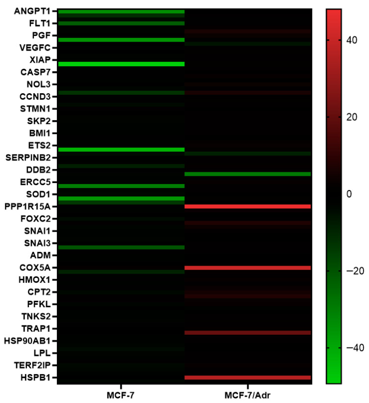 Heatmap of differential gene expression in MCF-7 and MCF-7/Adr cells after 48 h CBD treatment. The results were analyzed using the 2−ΔΔCT method. Gene expression changes are visualized from red (high expression) to green (low expression). The heatmap was generated using GraphPad Prism version 8.0.2.