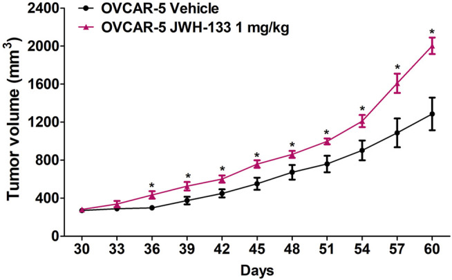 Increase in ovarian (OVCAR-5) cancer ectopic xenograft tumor growth following chronic daily administration of JWH-133 (1 mg/kg) relative to vehicle group in immunocompromised SCID-SHO female mice. JWH-133 (1 mg/kg i.p.) chronic daily administration for 30 days starting on day 30 of tumor growth produced an increase in OVCAR-5 ectopic xenograft ovarian cancer growth in immunocompromised SCID-SHO female mice relative to the vehicle treated group. Symbols represent the means ± SEM. (OVCAR-5 tumor growth in SCID-SHO female mice receiving vehicle, n = 8 SCID-SHO females; OVCAR-5 tumor growth in SCID-SHO female mice receiving JWH-133, n = 8 SCID-SHO females). *p < 0.044 for JWH-133 (1 mg/kg (repeated measures one-way ANOVA).