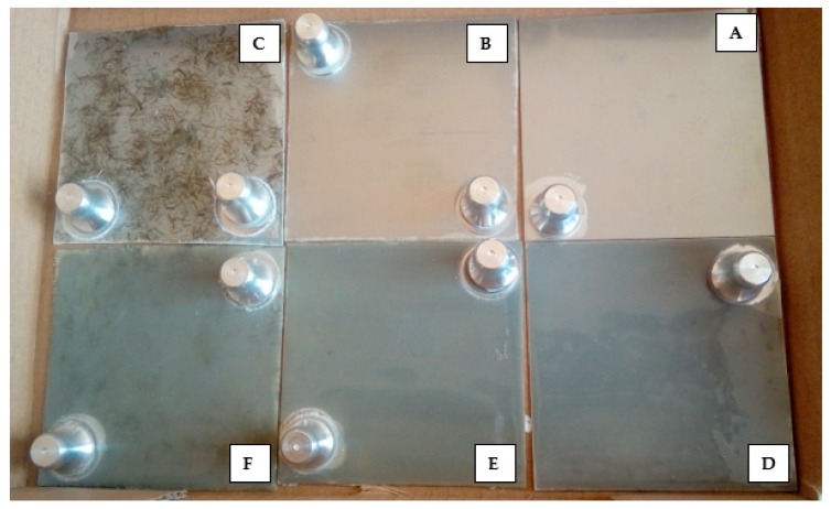 Samples prepared for adhesion testing, A—EP; B—EP_GF; C—EP_GF_HF; D—EP_PUA; E—EP_GF_PUA; F—EP_GF_HF_PUA.