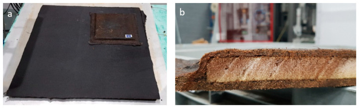 Size comparison between the demonstrators for industrial purposes (1 m2) and for material characterization (0.16 m2) (a); sandwich structure linseed-PET-linseed (b).