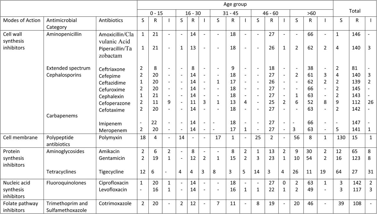 Represents the antibiotic susceptibility profiles of various gram-negative strains (n = 147) across different age groups, all of which exhibited 100% resistance to Imipenem.The susceptibility profiles were assessed for Escherichia coli, Klebsiella pneumoniae, Acinetobacter baumannii, Pseudomonas aeruginosa, Burkholderia cepacia, Morganella morganii, Proteus mirabilis, Providencia stuartii, and Serratia marcescens (n = 147) using conventional culture and the VITEK®2 compact system. Minimum inhibitory concentration (MIC) analysis was conducted in accordance with CLSI guidelines. Additionally, the distribution of resistant and susceptible isolates among age groups was examined, revealing the highest number of resistant isolates in the age group ">60".