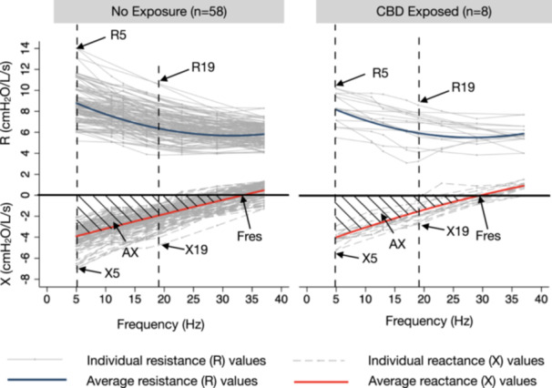 Oscillometry tracings for each child at the 5‐year visit. The shaded gray lines reflect individual curves over nine frequencies (5−37 Hz) for unexposed (n = 58) and exposed (n = 8) children. The average respiratory system resistance is indicated by the blue line and average respiratory system reactance is indicated by the red line.