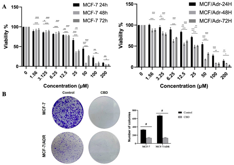 Cell viability (A) and inhibition of colony formation (B) by CBD in MCF-7 and MCF-7/Adr cells (Magnification: 10×). MCF-7, MCF-7/Adr cells were seeded into 96-well plates, and cells were treated with different concentrations (0–200 µM) of CBD for 24, 48, and 72 h. The survival rate of cells treated with CBD was measured by the MTT method. To determine the time-dependent effect of CBD, the % viability values determined for 24, 48, and 72 h for each dose were analyzed with one-way ANOVA followed by post hoc Tukey test (p < 0.05 *, p < 0.01 **, p < 0.001 ***, and p < 0.0001 #).