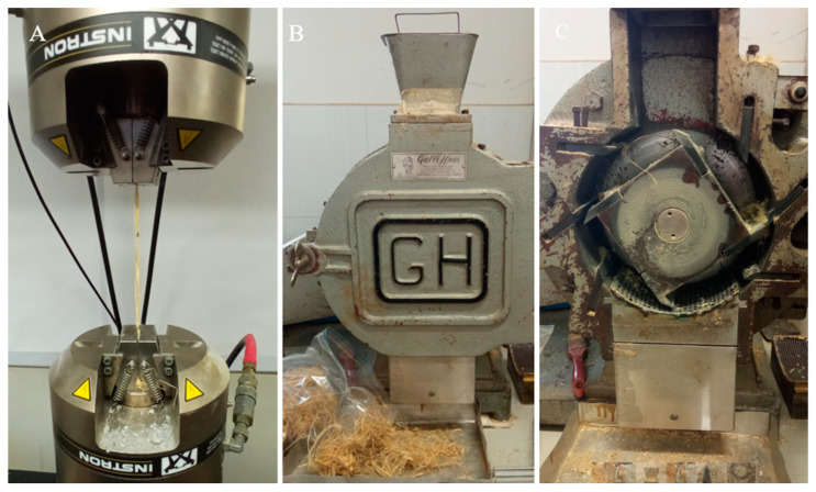 (A): Hemp fiber tensile strength measurement, (B,C): blade mill used for cutting fibers.