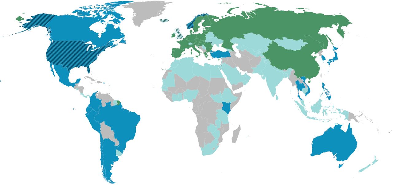 World map depicting the regulatory landscape of artificial intelligence (AI) as of December 2024.Countries or territories are color-coded based on their regulatory approach. Dark green represents countries or territories that have adopted AI-specific legislation, while dark blue indicates those that have drafted AI-specific legislation but have not yet adopted it. Turquoise represents countries or territories that have issued non-legally binding national AI guidance documents. Grey-highlighted countries or territories have neither introduced AI- specific legislation nor issued guidance. Countries or territories patterned with black diagonal lines have signed the Council of Europe’s Framework Convention on AI. We also provide an interactive online version of this map, which provides details on the status of individual countries or territories when hovered over and which the authors intend to update regularly.177
