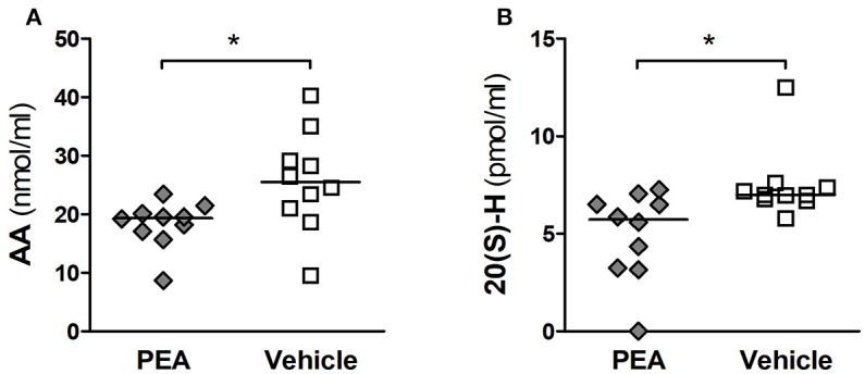 PEA reduces AA serum levels and its subsequent oxidation into 20-HETE in aged mice with meningitis. (A) Concentrations of arachidonic acid (AA, in nmol/ml), and (B) levels of 20-hydroxyeicosatetraenoic acid (HETE, in pmol/ml) were lower in the serum of aged infected animals pre-treated with PEA than in infected mice pre-treated with vehicle (n = 10/group). Serum levels of PEA and PGE2 were not significantly altered. *P < 0.05 between PEA and vehicle groups, using the Mann–Whitney U-test followed by Holm–Bonferroni correction for multiple testing.