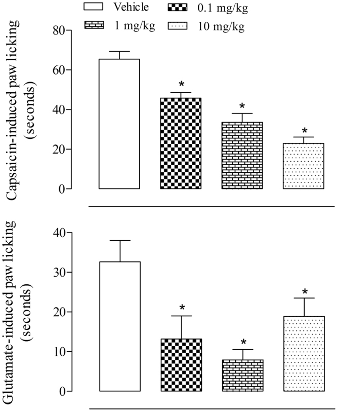 Effect of C18 5-HT on capsaicin- or glutamate-induced licking response in mice. Animals were orally pretreated with C18 5-HT (0.1, 1 or 10 mg/kg), vehicle (Tween 80) or capsazepine (3.8 pg/paw) 60 minutes before the injection of capsaicin (in A, 1.6 μg/paw) or glutamate (in B, 3.7 ng/paw). The results are expressed as the mean ± S.D. (n = 6–8) of the time the animals spent licking the capsaicin- or glutamate-injected paw. Statistical significance was calculated by two-way ANOVA followed by Bonferroni’s test. *Indicates p < 0.05 when compared to the vehicle-treated mice.