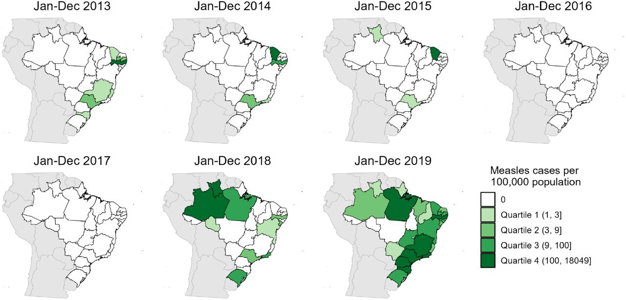 Number of measles cases per year and Brazilian state, 2013 to 2019.