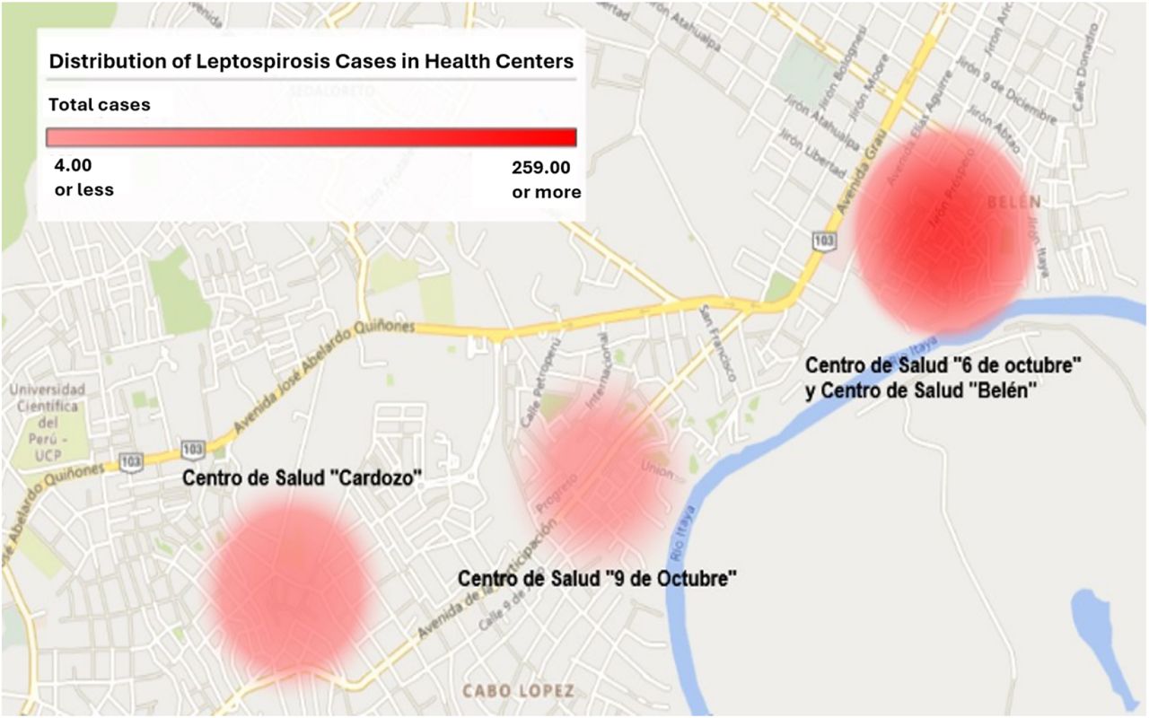 Distribution of Leptospirosis cases in Health Centers of the Peruvian Amazon, 2022–2024.