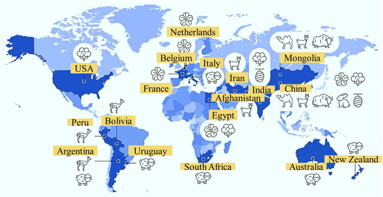Global distribution of natural fiber sources and their major production regions.