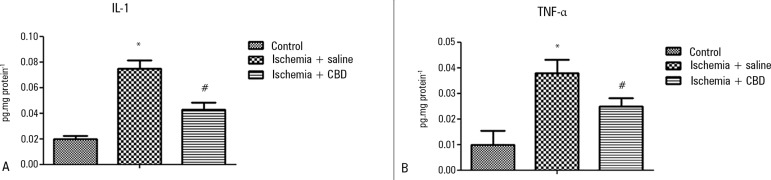 The effect of cannabidiol treatment on cytokine levels after renal ischemia reperfusion injury. Animals were sham operated or had their renal pedicle clamped bilaterally for 45 minutes. Immediately before unclamping, a single dose of cannabidiol (5mg/kg) or saline was administered. Twenty-four hours later, the IL-1 (A) and TNF-α (B) levels were measured in the kidneys.CBD - cannabidiol. Data are expressed as pg/mg protein. * Different from control; # different from ischemia/saline. p < 0.05.