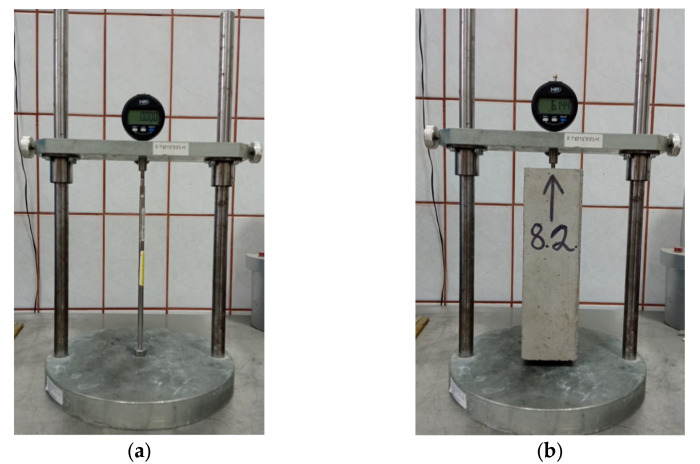 Images of prism length measurement after 90 days; (a) setting zero; (b) length measurement.