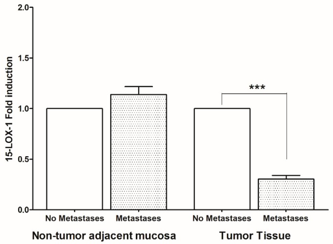 15-lipoxygenase-1 (15-LOX-1) gene expression levels (mean ± SD) in non-tumor adjacent mucosa and tumor tissue from colorectal cancer patients with and without metastases. Data are expressed as Fold induction. *** p < 0.005 (Student’s t-test).