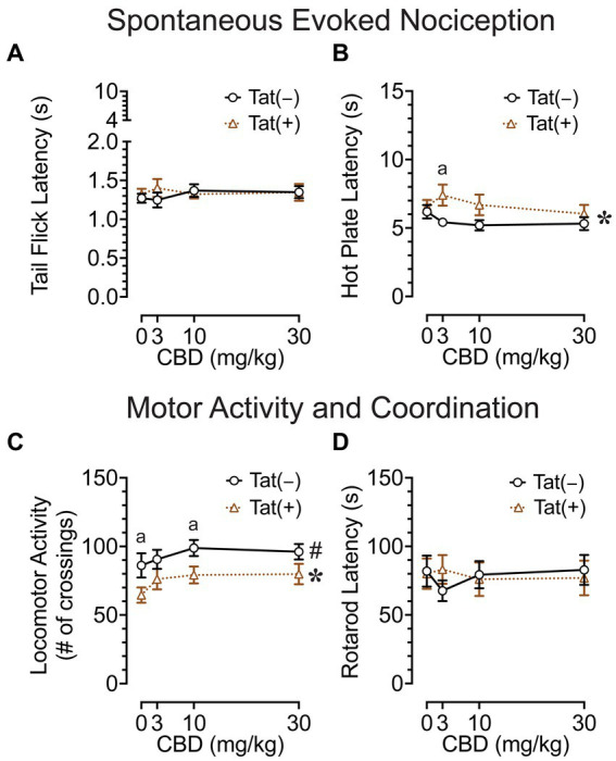 Effects of Tat expression and acute CBD doses (0, 3, 10, and 30 mg/kg) on spontaneous evoked nociception and motor function. (A) For the spinal-related tail-flick assay, no significant effects and/or interactions were noted. (B) For the supraspinal-related hot-plate assay, spontaneous nociception was altered by genotype, with group differences only being noted at 3 mg/kg CBD exposure, with higher latencies to pain signals for Tat(+) mice compared to Tat(−) mice. (C) Locomotor activity was altered by drug doses and genotype, but significant differences between groups were only noted for genotype, with decreased locomotor activity by Tat expression at vehicle and 10 mg/kg CBD exposure. (D) Motor coordination was not affected by Tat expression or acute CBD. All data are expressed as mean ± the standard error of the mean (SEM). Statistical significance was assessed by ANOVAs followed by Tukey’s post hoc tests when appropriate; *p < 0.05 main effect of genotype; #p = 0.018 main effect of drug doses; ap ≤ 0.05 Tat(+) mice vs. Tat(−) mice. n = 19–20 mice per group.