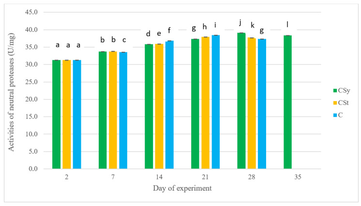 Activities of neutral proteases in the 2-, 14-, 21-, 28- and 35-day-old workers’ protein surface after two methods of supplementation with CBD extract: C—control (pure sugar syrup), CSy—CBD extract in syrup, CSt—CBD extract on strips (two-way ANOVA): day of experiment: F(4,141) = 2070 × 103, p = 0.0000, se ± 0.002005–0.003474; supplementation method*days of experiment F(8,141) = 27,974, p = 0.0000, se ± 0.003474–0.004152; one-way ANOVA: supplementation method: F(2,154) = 0.91313, p = 0.40343, se ± 0.347004–0.380124. Small letters above the graph bars indicate statistically significant differences between all values obtained during the experiment.