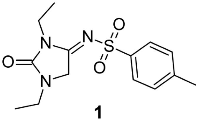 Chemical structure of N-[1,3-diethyl-2-oxoimidazolidin-4-ylidene]-4-methylbenzenesulfonamide (1).
