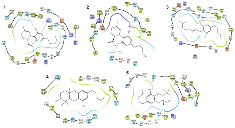 Two-dimensional interaction diagram of compounds 1–5 with alcohol dehydrogenase YugJ. Pink arrows represent the hydrogen bonds, and the π-π stackings are represented by green lines. Polar residues are in cyan, hydrophobic ones are in green, and red or blue represent negatively and positively charged amino acids, respectively.