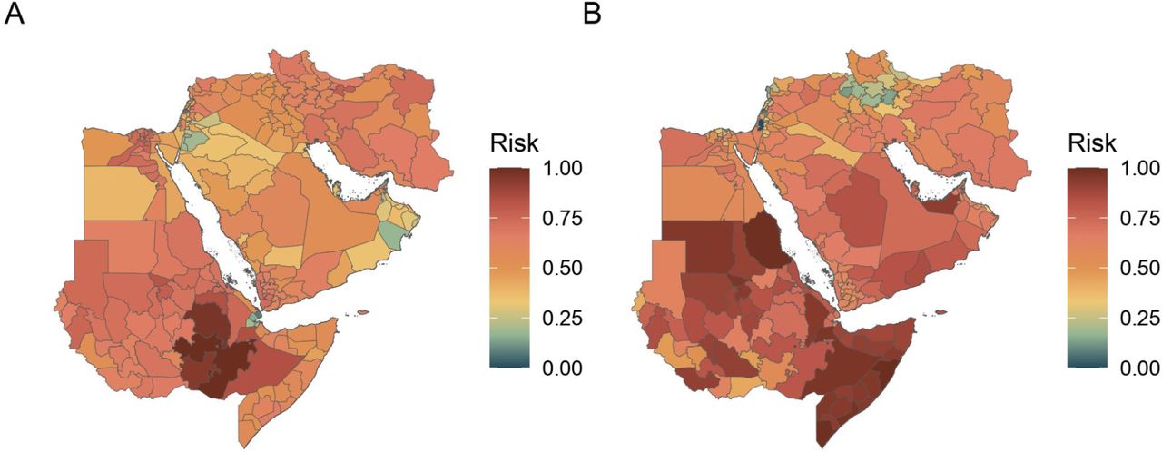 Components of the MERS-CoV risk surface.Both layers are log-transformed and rescaled between 0 and 1. (A) Human population working in the agricultural sector. (B) Estimated camel populations. The two layers are averaged in the final emergence layer.