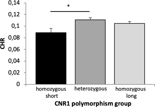 Memory performance in the CNR1 polymorphism. Based on a main effect of group (see text), Bonferroni corrected post hoc t-tests revealed significant differences in CHR between homozygous short and heterozygous group (p = 0.018) but not between homozygous short and long (p = 0.144) and homozygous long and heterozygous group (p = 0.615) for overall memory performance. CHR, corrected hit rates; CNR1, cannabinoid receptor type 1, *p < 0.05.