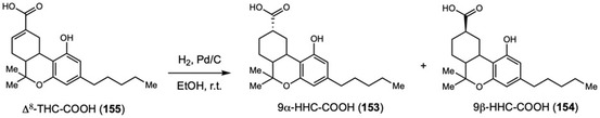 Synthesis of HHC‐COOH epimers via Pd/C‐catalyzed reduction of Δ8‐THC.