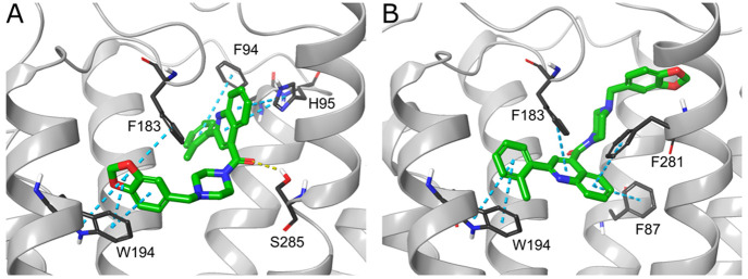 AS-5 (green) docked to CB2 models based on PDB IDs 5ZTY (A) and 6PT0 MD-derived structure (B). Yellow dashed line, H-bond; teal dashed line, π–π interaction.