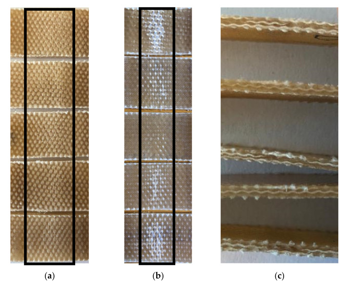 Digital images of (a) the middle of samples’ bottom surfaces having undergone tension, (b) the middle of samples’ top surfaces having undergone compression and a (c) cross-sectional view of the bent samples right in the middle after flexural tests.