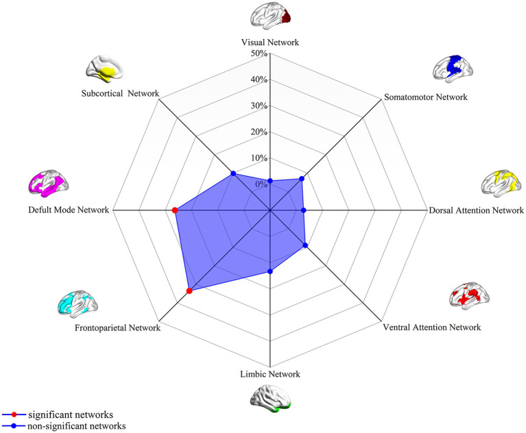 Radar chart visualizing brain networks with labeled regions: Visual, Somatomotor, Dorsal Attention, Ventral Attention, Limbic, Frontoparietal, Default Mode, and Subcortical. Significant networks are marked in red, and non-significant networks are shaded in blue. Illustrations of brain networks encircle the chart.
