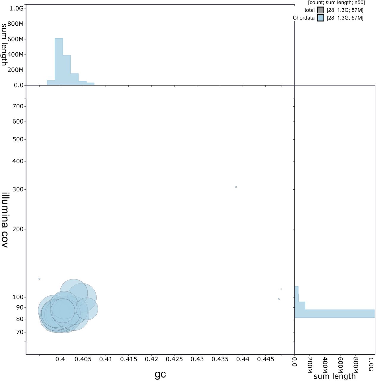 Blob plot contamination screening showing coverage of Illumina WGS reads against GC proportion per scaffold in the assembly.Sequences are coloured by phylum. Blob size is proportional to the sequence length. Histograms show the distribution of sequence length sum along each axis.
