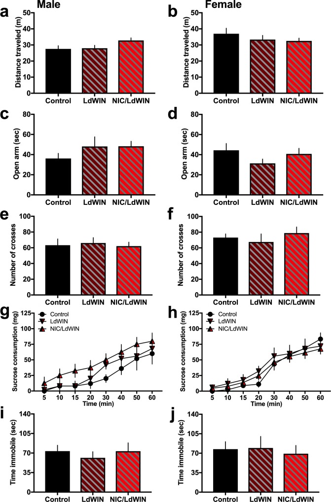 Adolescent low dose cannabinoid agonist exposure with or without nicotine does not alter locomotor or affective-associated behaviors during adulthood.(a) Male mice (n = 10-12/group) did not differ in the distance travelled in the open field. (b) Female mice (n = 11-13/group) did not differ in the distance travelled in the open field. (c-f) To assess anxiety-associated behaviors, mice were then tested in the elevated plus maze. Statistically significant differences were not found among the groups in the time spent on the open arms for males (c) and females (d). Differences were also not found in the number of arm crosses for males (e) and females (f). (g-j) Reward related and depression-associated behaviors were then assessed across groups; differences were not found for sucrose consumption in males (g) and females (h), nor were differences found in the forced swim test for males (i) and females (j). Data represent mean values ± SEM.