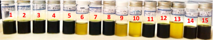 Appearance of extracted hemp seed oil under different conditions, after evaporation of solvent (arranging of treatments according to Table 1)