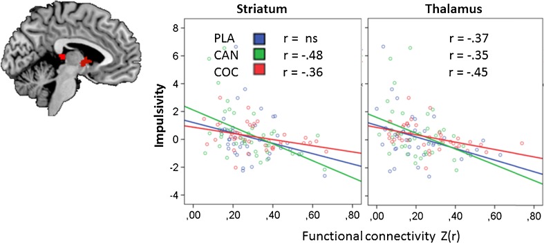 Significant correlations in the striatum and the thalamus between functional connectivity and the MFFT measure of impulsivity in each treatment condition (CAN = cannabis, COC = cocaine, PLA = placebo), across DBH genotypes
