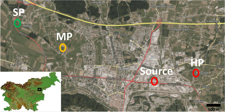 Map of the experimental plots in Celje valley (HP, heavily polluted location; MP, moderately polluted location; SP, slightly polluted control location; source: “Cinkarna Celje” zinc factory, the source of heavy metal pollution)