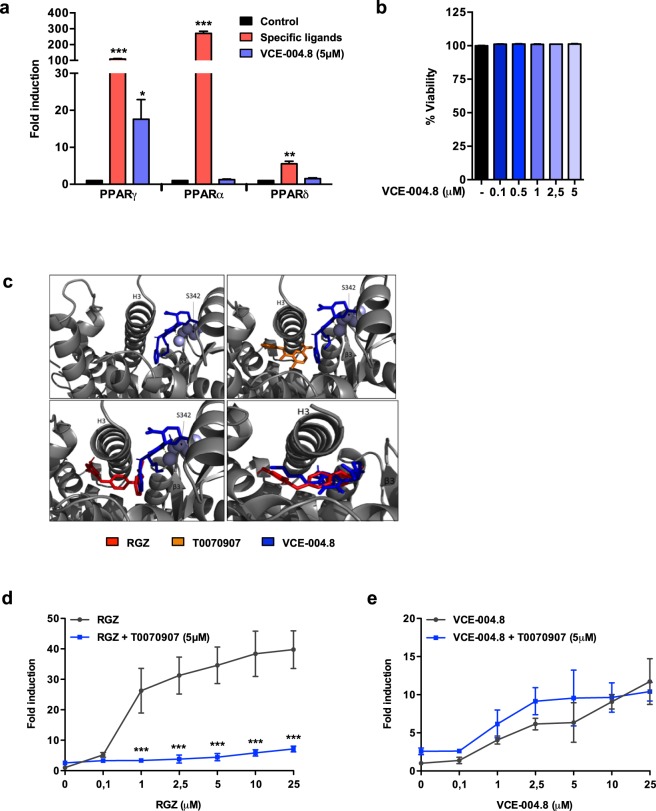Characterization of VCE-004.8 as a selective PPARγ agonist. (a) Receptor-specific transactivation by VCE-004.8. HEK-293T cells were co-transfected with a GAL4-luc reporter and GAL4-PPARγ, GAL4-PPARα and GAL4-PPARδ and treated with VCE-004.8 (5 μM) for 6 hours and luciferase activity measured in the cell lysates. Results are expressed as the fold induction ± SD (n = 3) relative to untreated control. Control (black bars), VCE-004.8 (blue bars) and specific ligands for each receptor (red bars): RGZ (5 μM) for PPARγ, WY14643 (5 μM) for PPARα, and GW0742 (5 μM) for PPARδ. Results are shown as mean ± S.D. (b) Cytotoxic activity of VCE-004.8. HEK-293T cells were treated with the compounds at the indicated concentrations for 6 hours and cell viability was analyzed by the YOYO-1 method. Results are shown as mean ± SD and expressed as percentage of cell viability (n = 3). (c) PPARγ LBD structure 3B0R bound to VCE-004.8 (blue) with and without of T0070907 (orange) or RGZ (red). PPARγ LBD structure 4EMA bound to VCE-004.8 and RGZ (lower right panel). (d,e) PPARγ transcriptional activity of VCE-004.8 and RGZ in the presence and the absence of T0070907 is shown. HEK-293T cells were co-transfected with GAL4-PPARγ and GAL4-luc, pretreated with T0070907 for 15 min and then stimulated with increasing concentrations of either RGZ or VCE-004.8 for 6 hours and luciferase activity measured. Results are expressed as the fold induction ± SD relative to RGZ (D) or VCE-004.8 (E) (n = 4). *P < 0.05, **P < 0.01 and ***P < 0.001 agonist ligands or VCE-004.8 treatment vs. control or RGZ + T0090709 vs. RGZ. (ANOVA followed by Turkey’s test or unpaired two-tailed Student’s t-test).