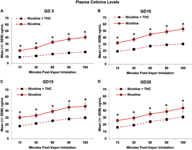 Pregnant dams exposed to the combination of Nicotine + THC had lower plasma cotinine levels than those exposed to Nicotine alone on each day and time throughout the vapor inhalation procedure (A–D). *Nicotine + THC < Nicotine, p < 0.05.