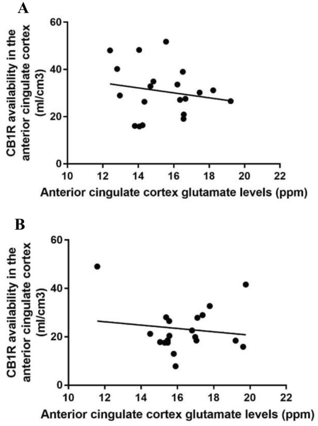 Scatter plot showing no association was detected between anterior cingulate cortex glutamate levels (ppm) and anterior cingulate cortex cannabinoid 1 receptor availability, indexed using the VT of [11C]MePPEP in a healthy volunteers controls (R = − 0.24, p = 0.32) or b patients (R = − 0.10, p = 0.25)