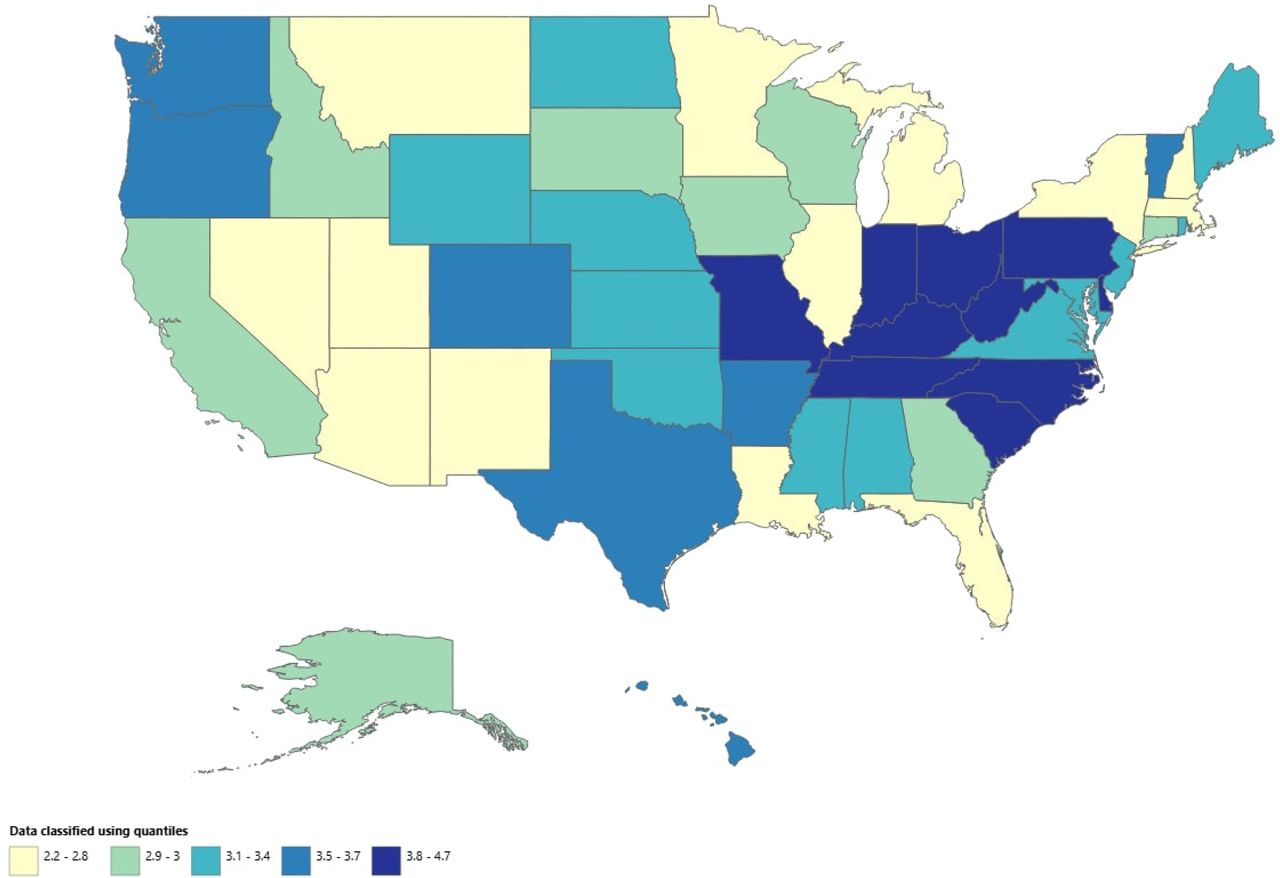 Paroxysmal Tachycardia-related Age-Adjusted Mortality Rates per 100,000, Stratified by State in Adults in the United States, 1999 to 2020.