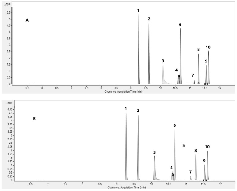 Representative extracted MRM chromatogram of the target analytes in spiked oral fluid (A), urine (B), and whole blood (C). Legend: (1) 9(R)-HHC; (2) 9(S)-HHC; (3) 9αOH-HHC; (4) 8(R)OH-9(R)-HHC; (5) 9βOH-HHC; (6) 8(S)OH-9(S)HHC; (7) 11OH-9(R)HHC; (8) 11OH-9(S)HHC; (9) 11nor-carboxy-9(R)-HHC; and (10) 11nor-carboxy-9(S)-HHC.